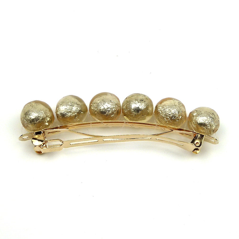 Grande barrette cheveux 9,5cm grosse perle dorée translucide lumineuse