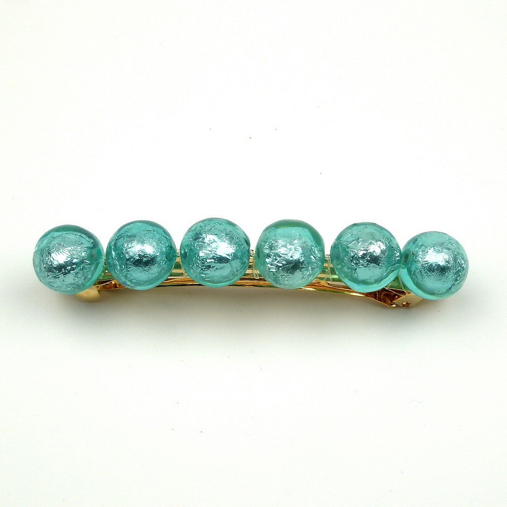 Grande barrette cheveux 9,5cm grosse perle bleue translucide lumineuse