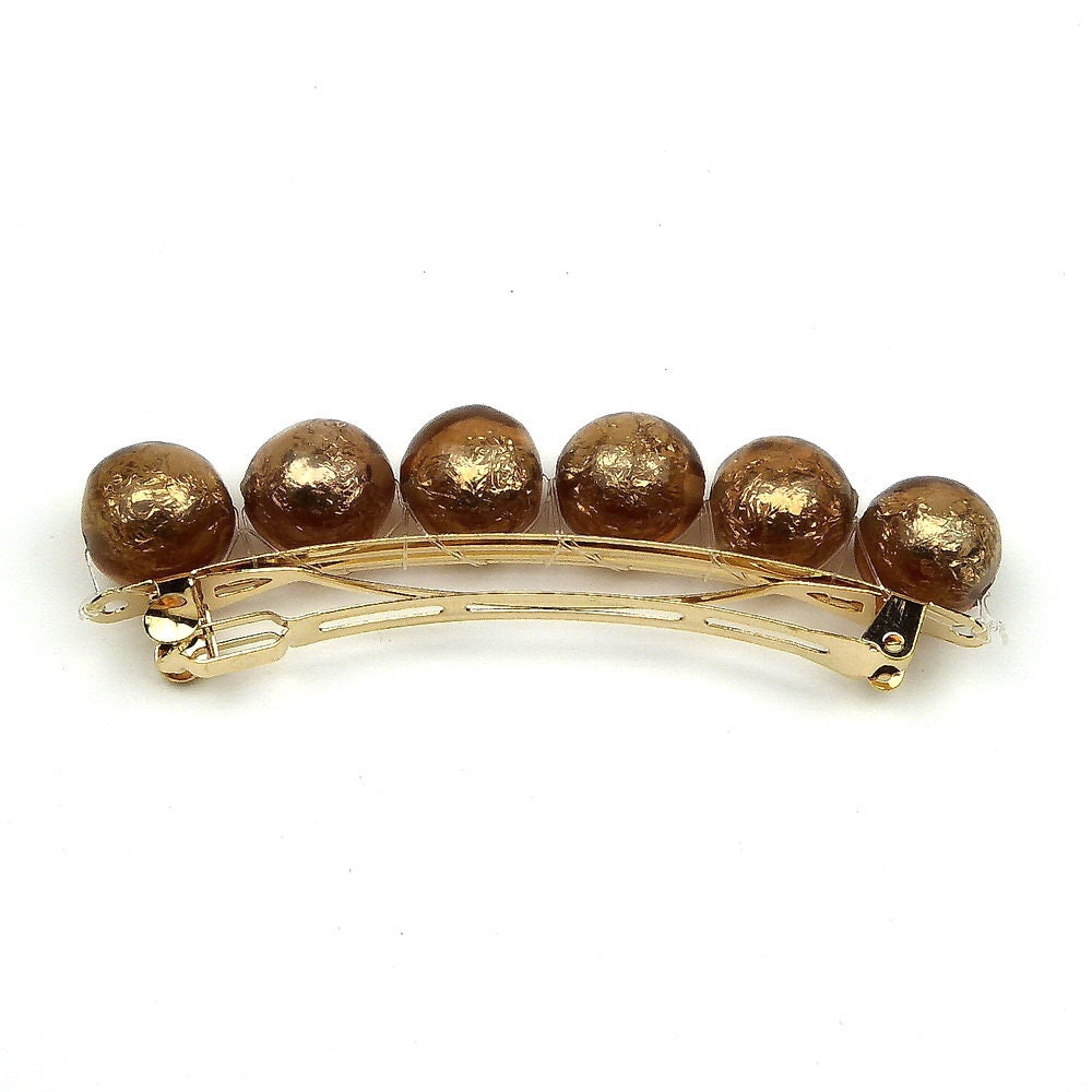 Grande barrette cheveux 9,5cm grosse perle marron translucide lumineuse