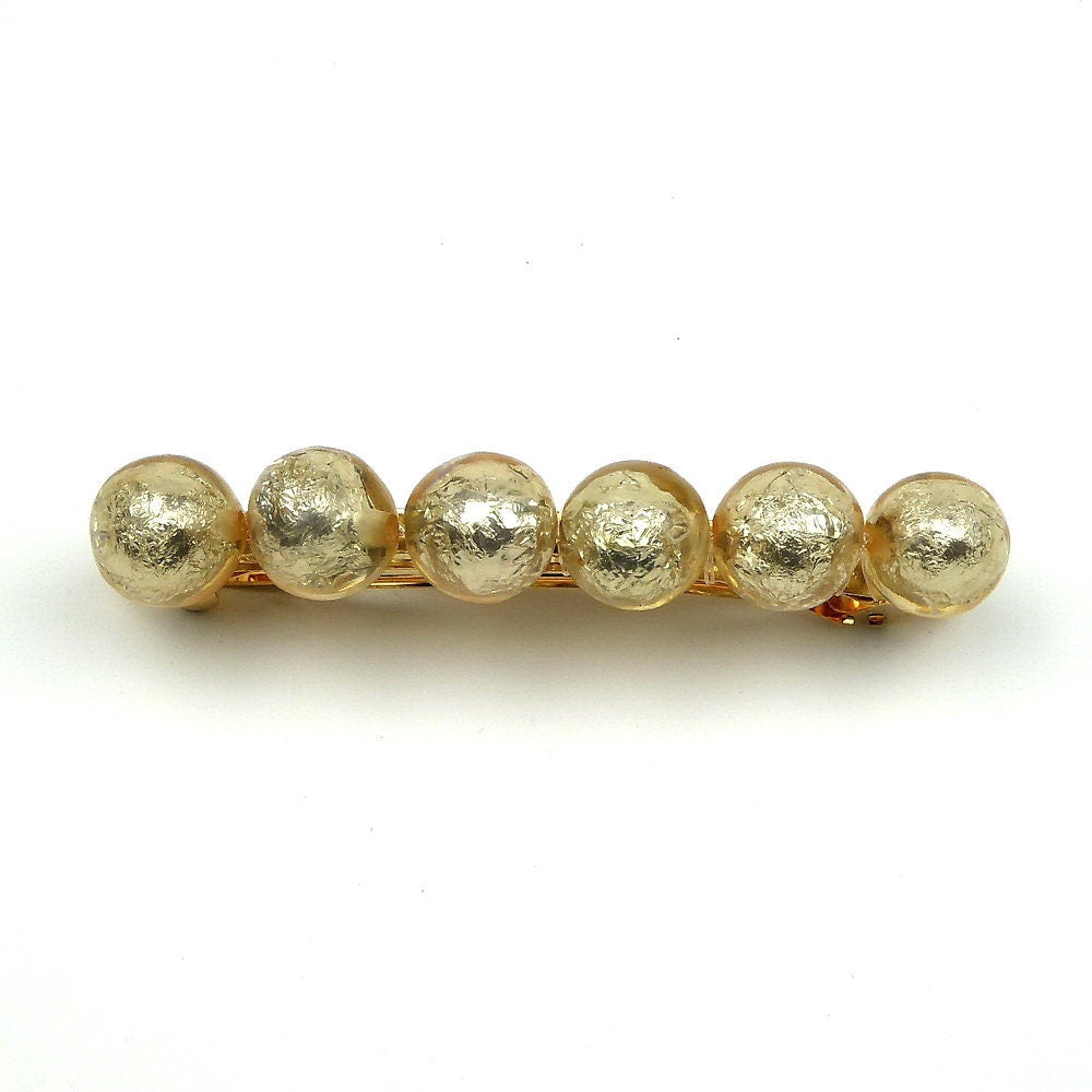 Grande barrette cheveux 9,5cm grosse perle dorée translucide lumineuse