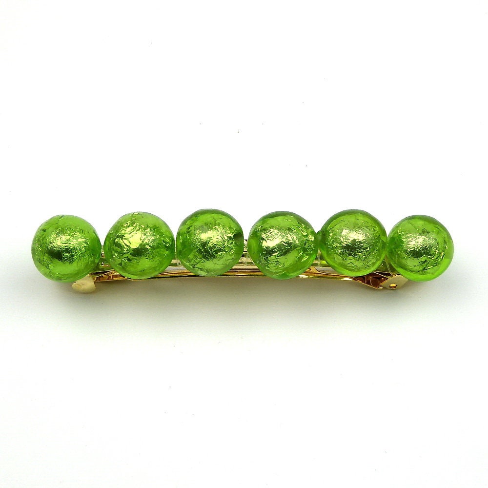 Grande barrette cheveux 9,5cm grosse perle vert translucide lumineuse