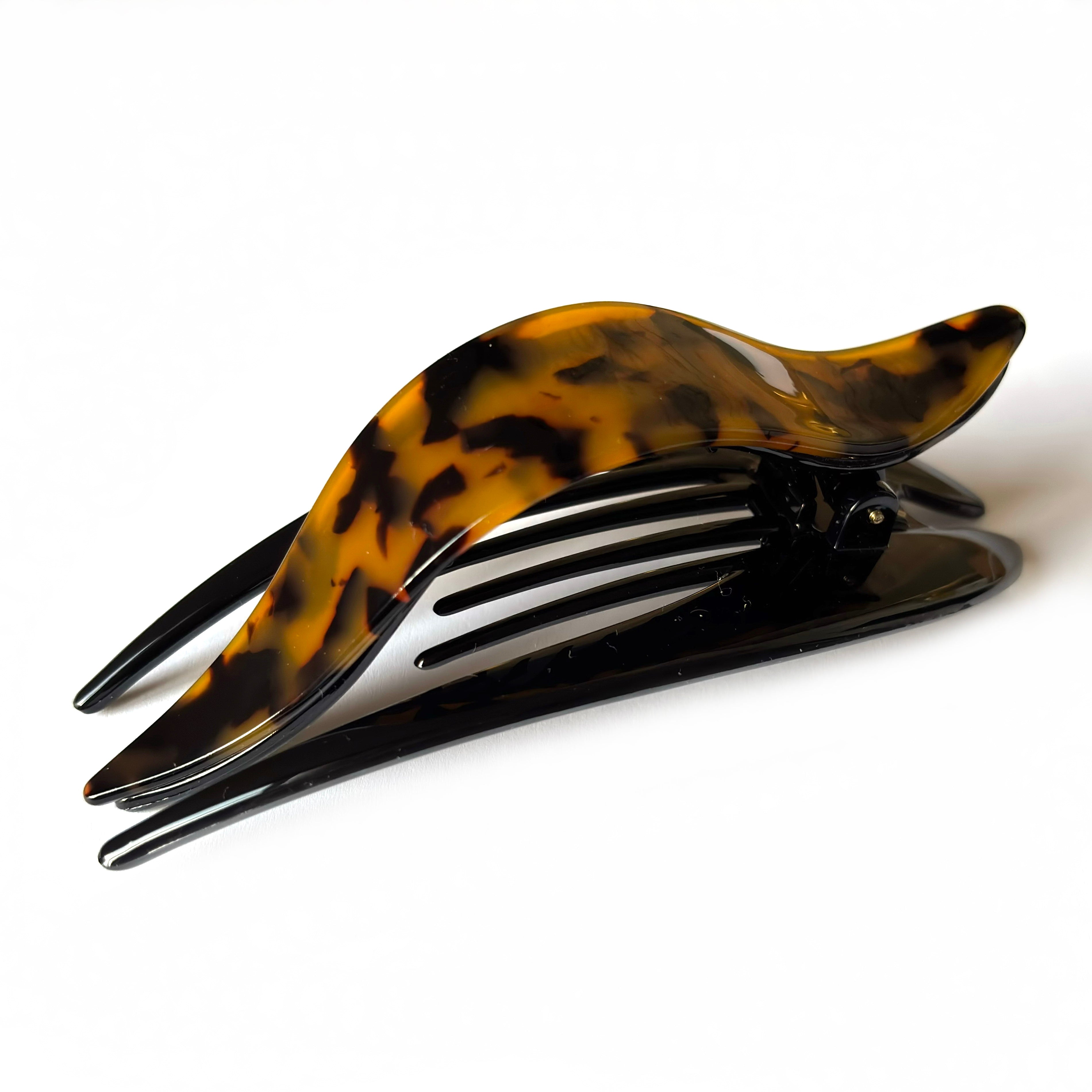 Grande pince à cheveux plate en acétate 13cm marron, fait main