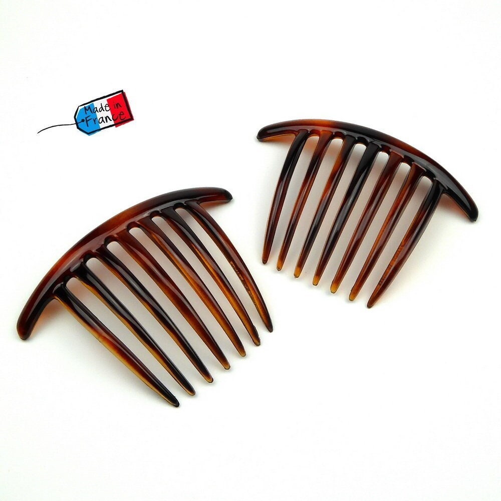 Grands Peignes Chignon Celluloid Demi-blond 10x7.5cm Made in France - Lot de 2