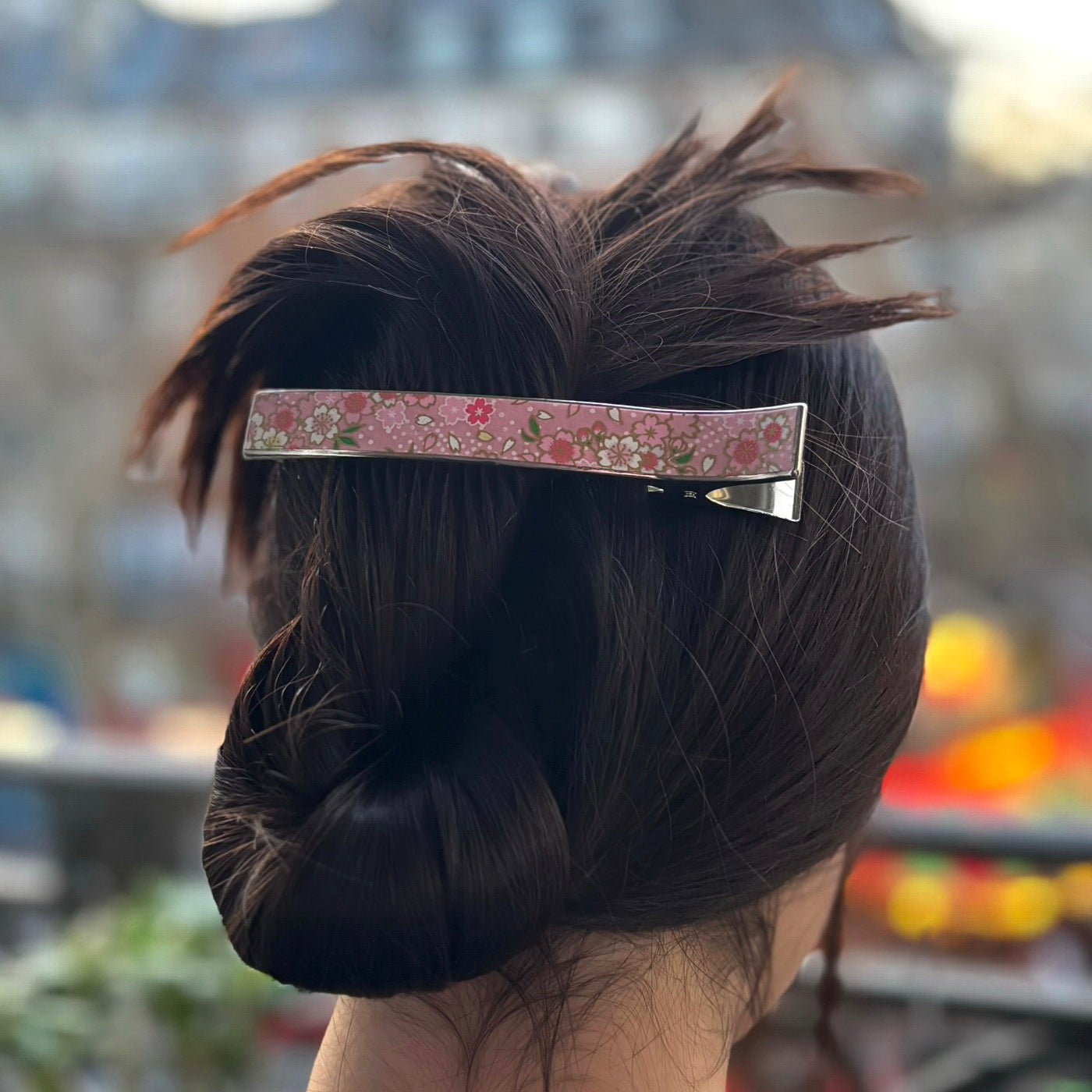 Pince cheveux bec laiton motif floral rose 12cm, fait main