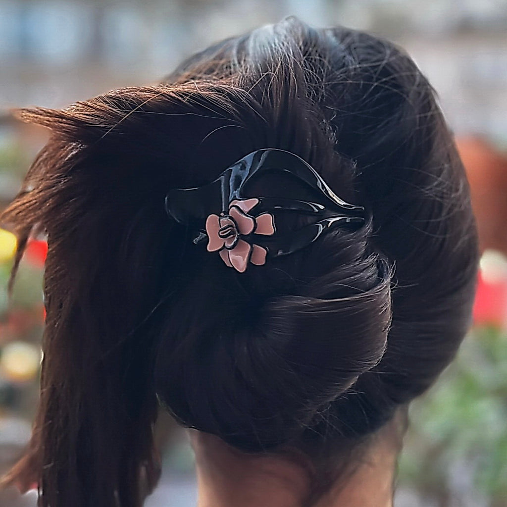 Pince cheveux fourche fleur celluloïd fait main 8.5cm
