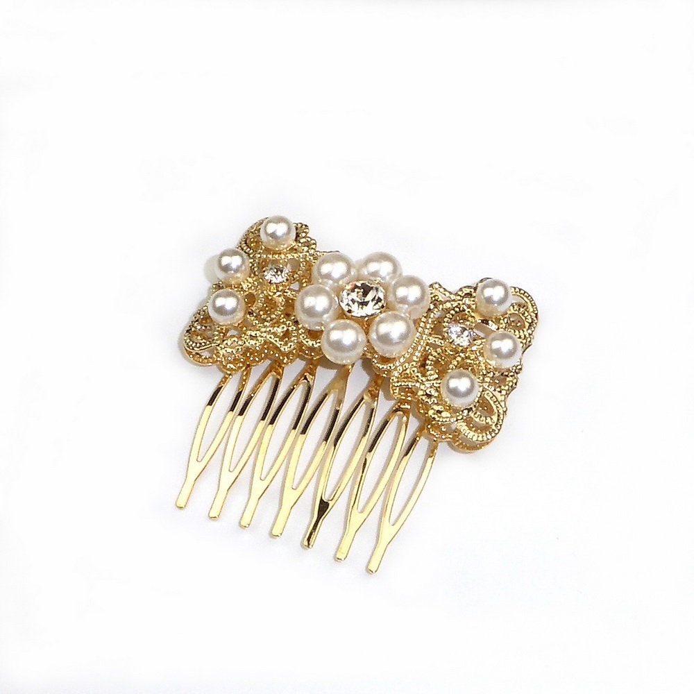 Peigne Côté Métal Doré Filigrane Perles Strass 5cm - Accessoire Mariage