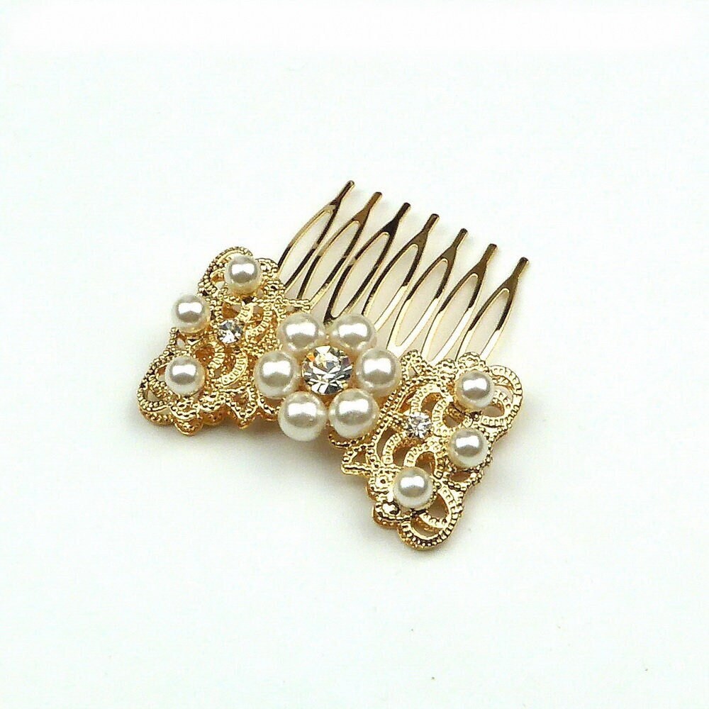 Peigne Côté Métal Doré Filigrane Perles Strass 5cm - Accessoire coiffure