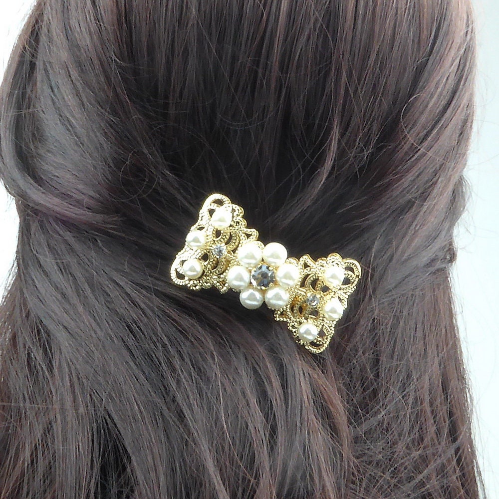 Peigne Côté Métal Doré Filigrane Perles Strass - Accessoire Mariage