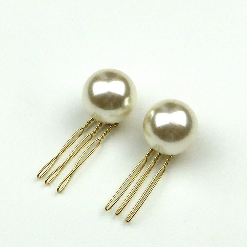 Peignes Pics Cheveux Grosse Perle Nacrée Doré 3.5cm - Lot de 2