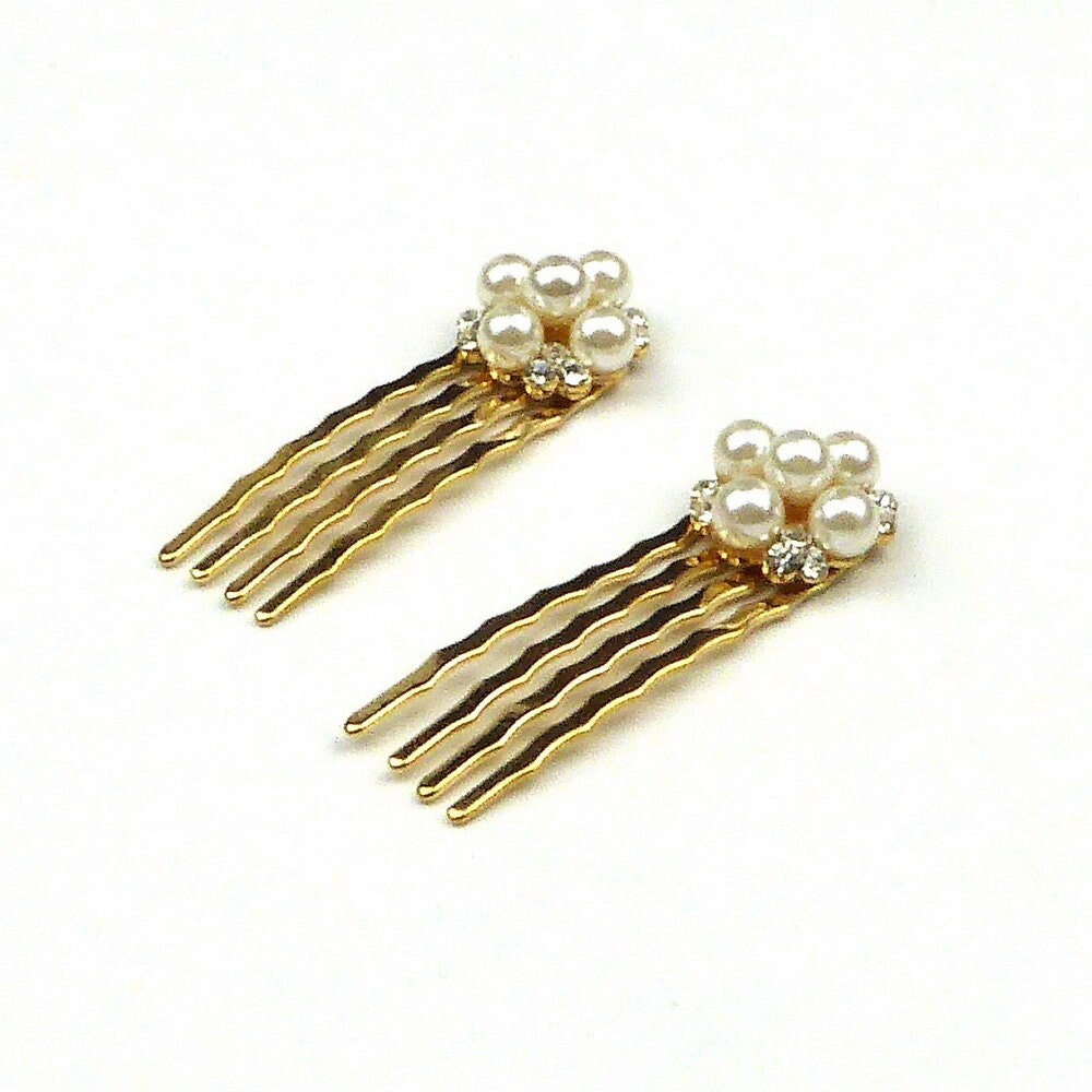 Peignes Cheveux Métal Doré & Perles Strass Mariage - Lot de 2