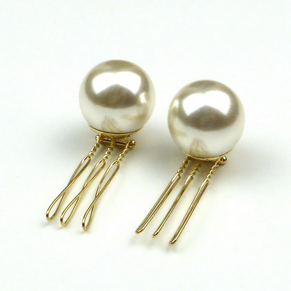 Peignes Pics Cheveux Grosse Perle Nacrée Doré 3.5cm - Lot de 2