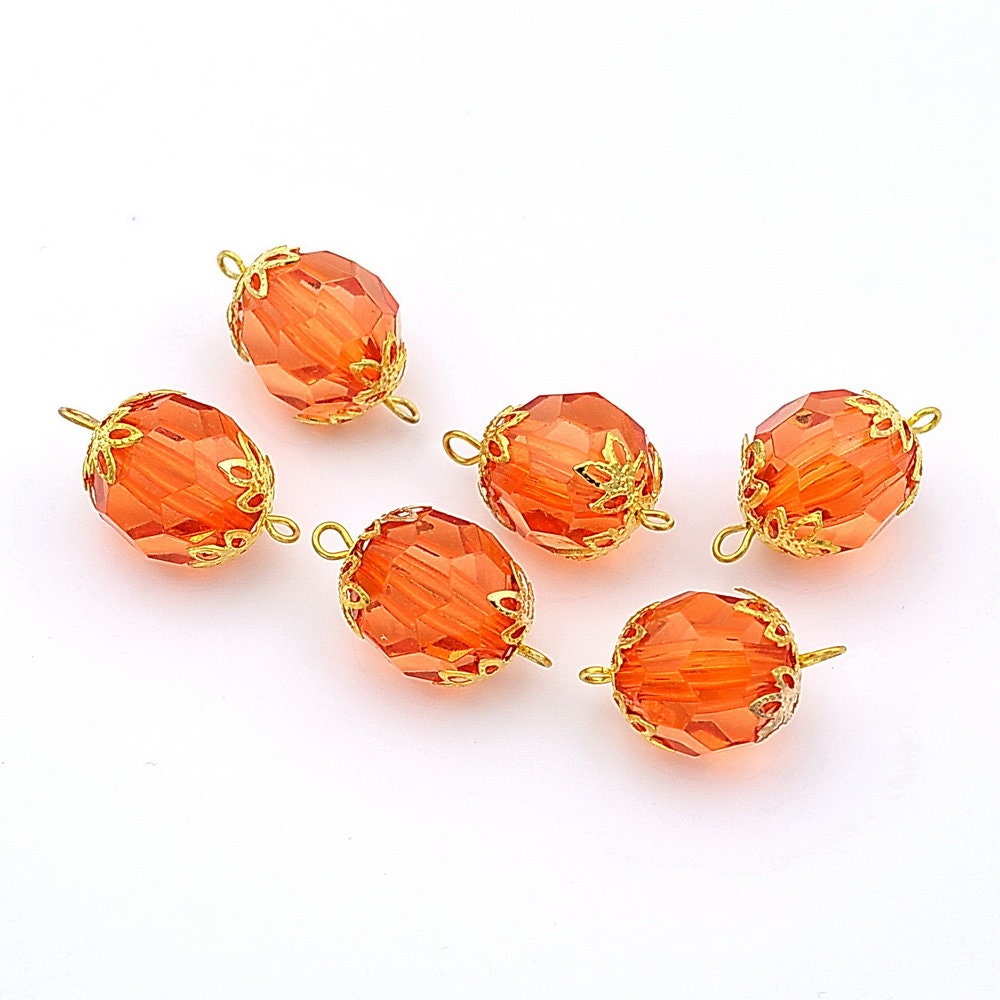 Perles rondes à facettes en acrylique orange 14mm avec coupelles dorées - lot de 10 pour création bijoux