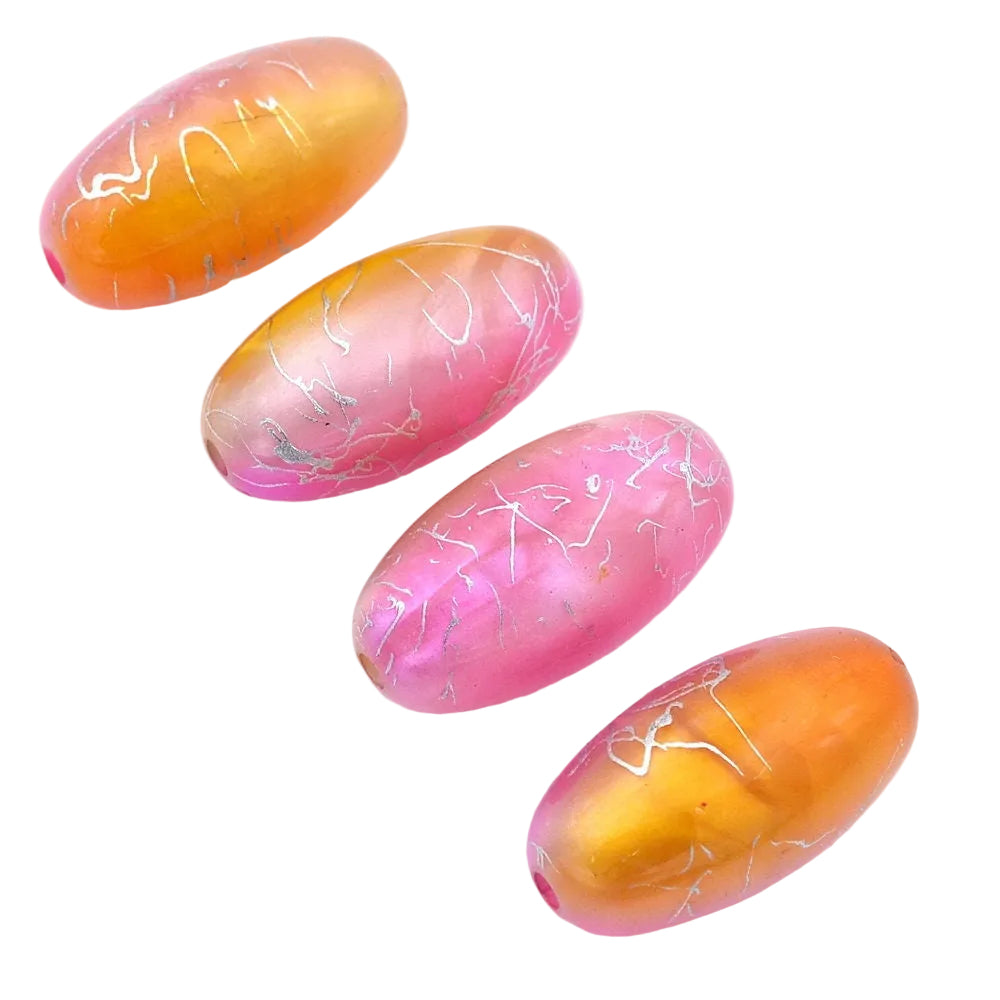 Perles Ovales Acrylique Rose Orange 38x19mm Filaments Argentés - Lot de 10