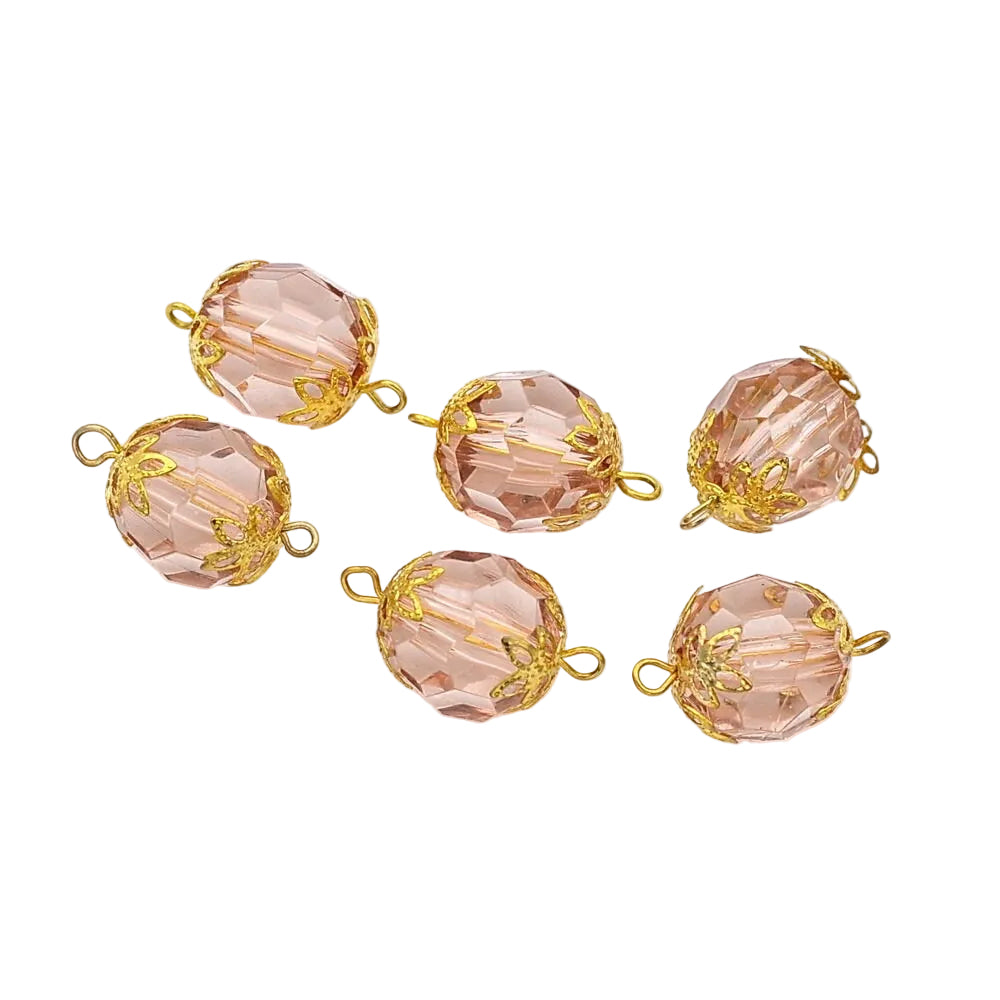 Perles rondes à facettes en acrylique rose poudré 14mm avec coupelles dorées - lot de 10 pour création bijoux
