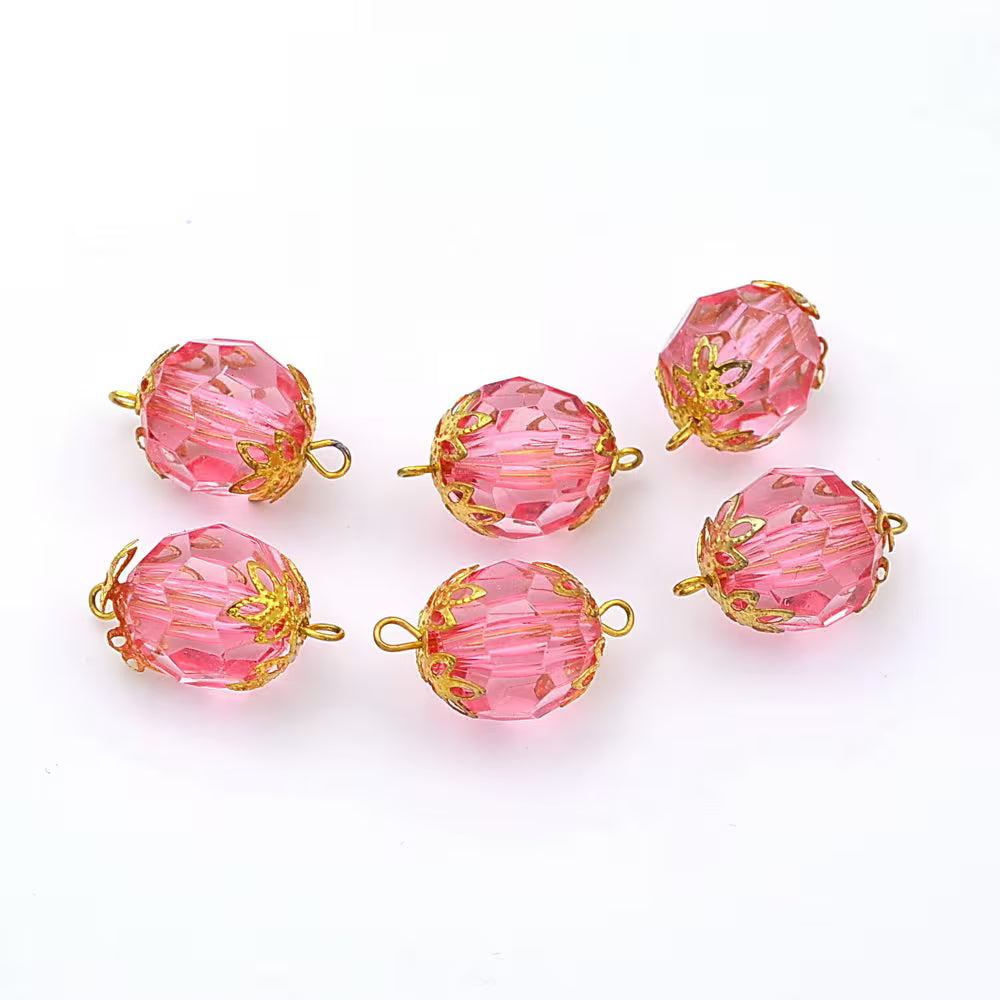 Perles rondes à facettes en acrylique rose 14mm avec coupelles dorées - lot de 10 pour création bijoux