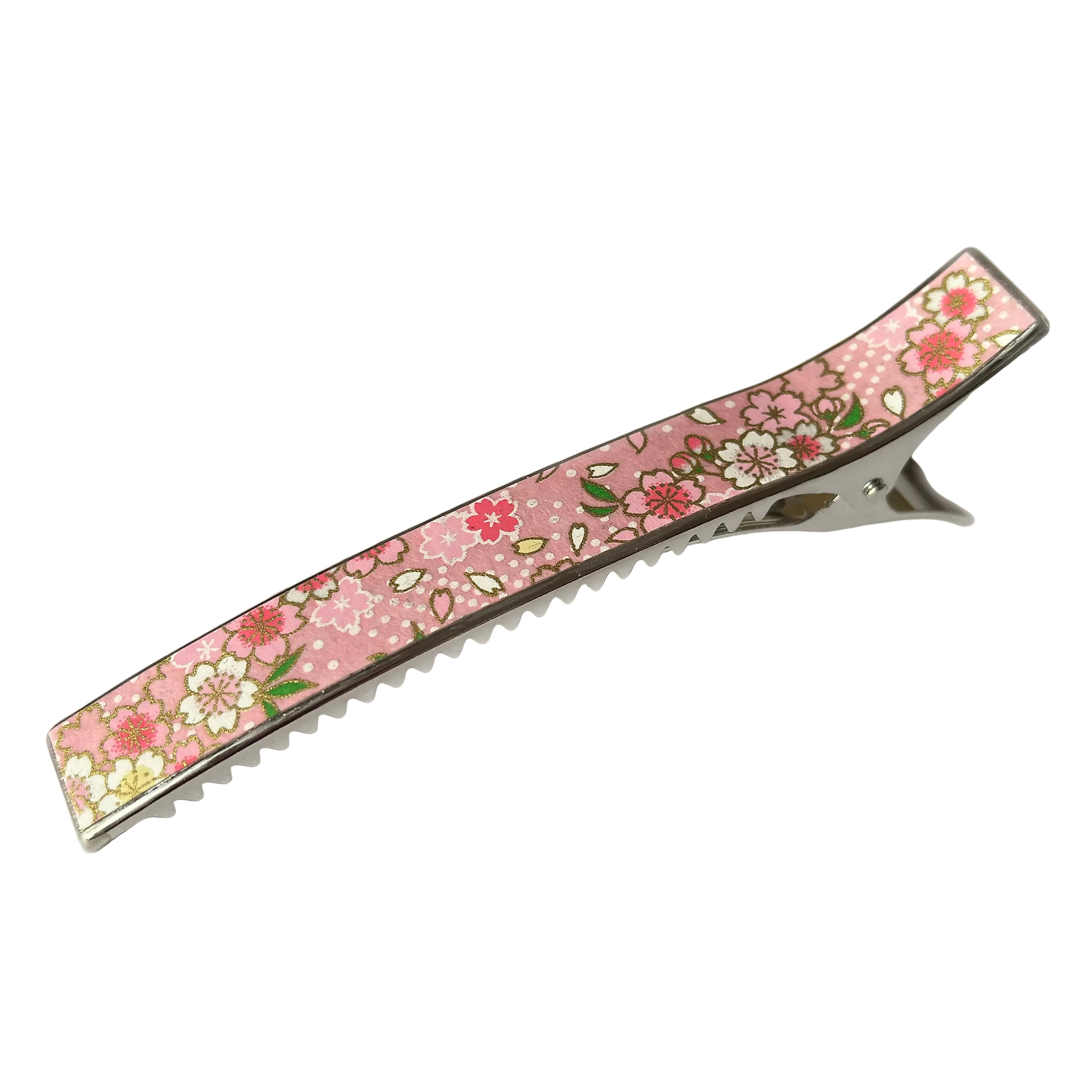 Pince cheveux bec laiton motif fantaisie floral rose 12cm