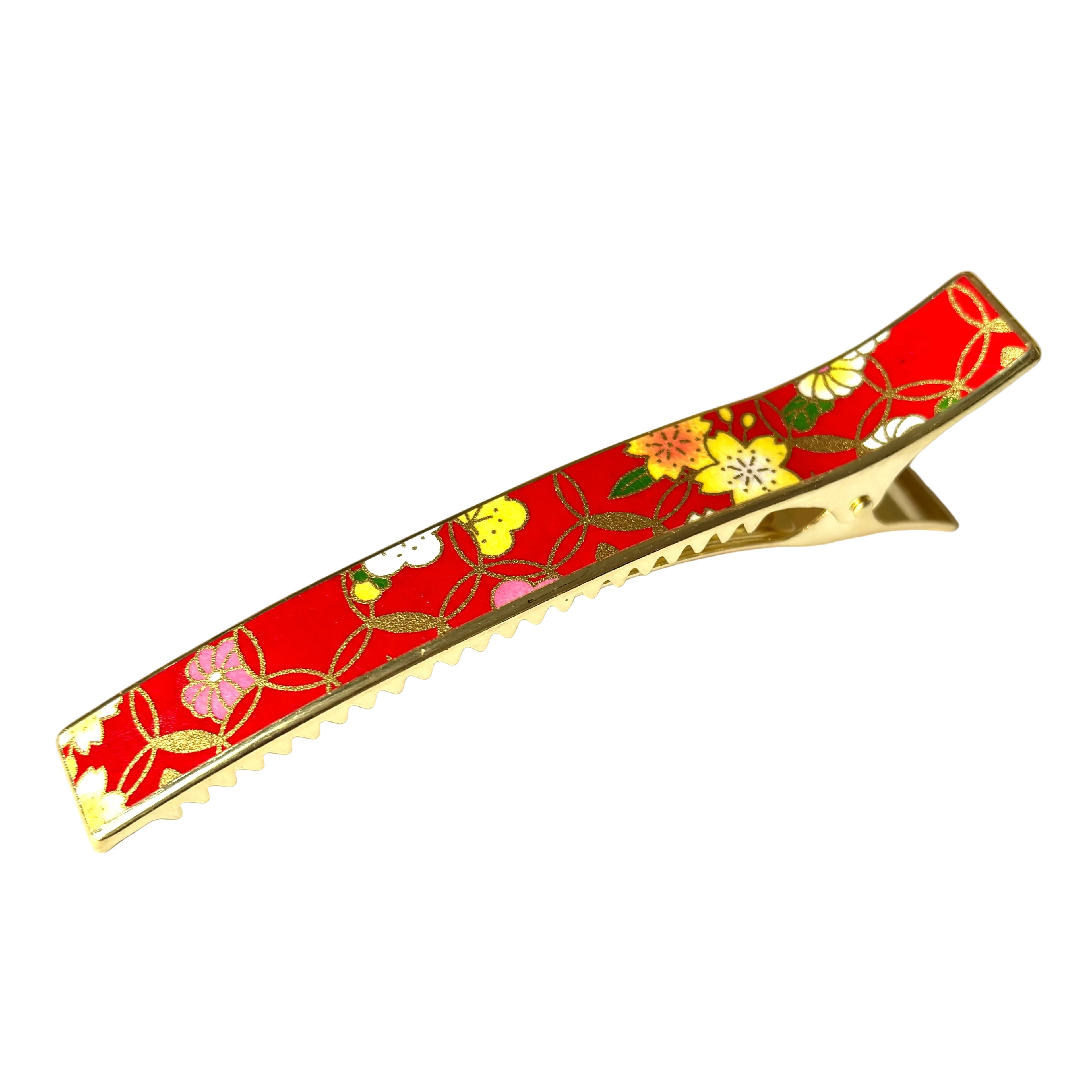 Pince cheveux bec laiton motif floral rouge 12cm