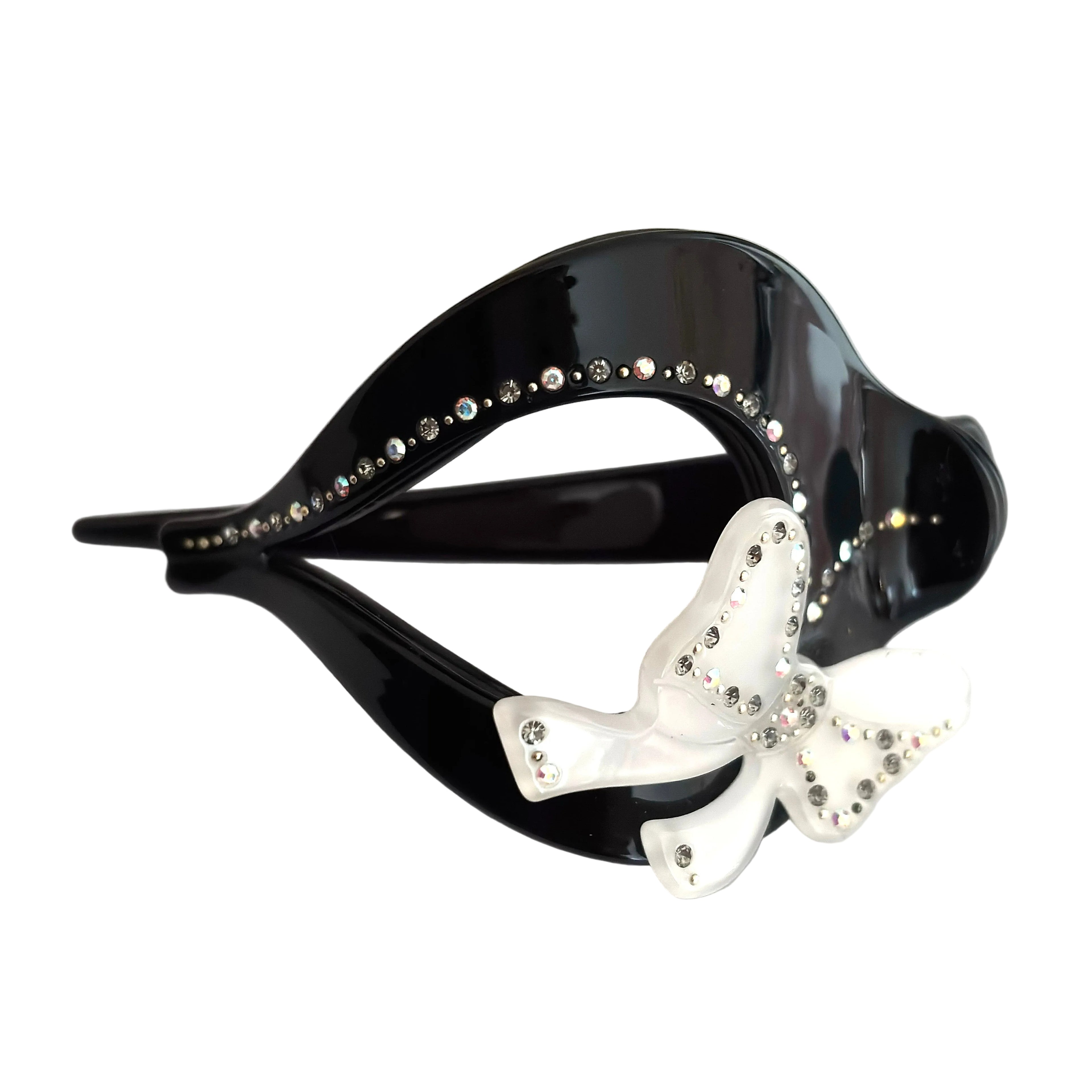 Pince cheveux fourche avec nœud et strass fait main – noir blanc