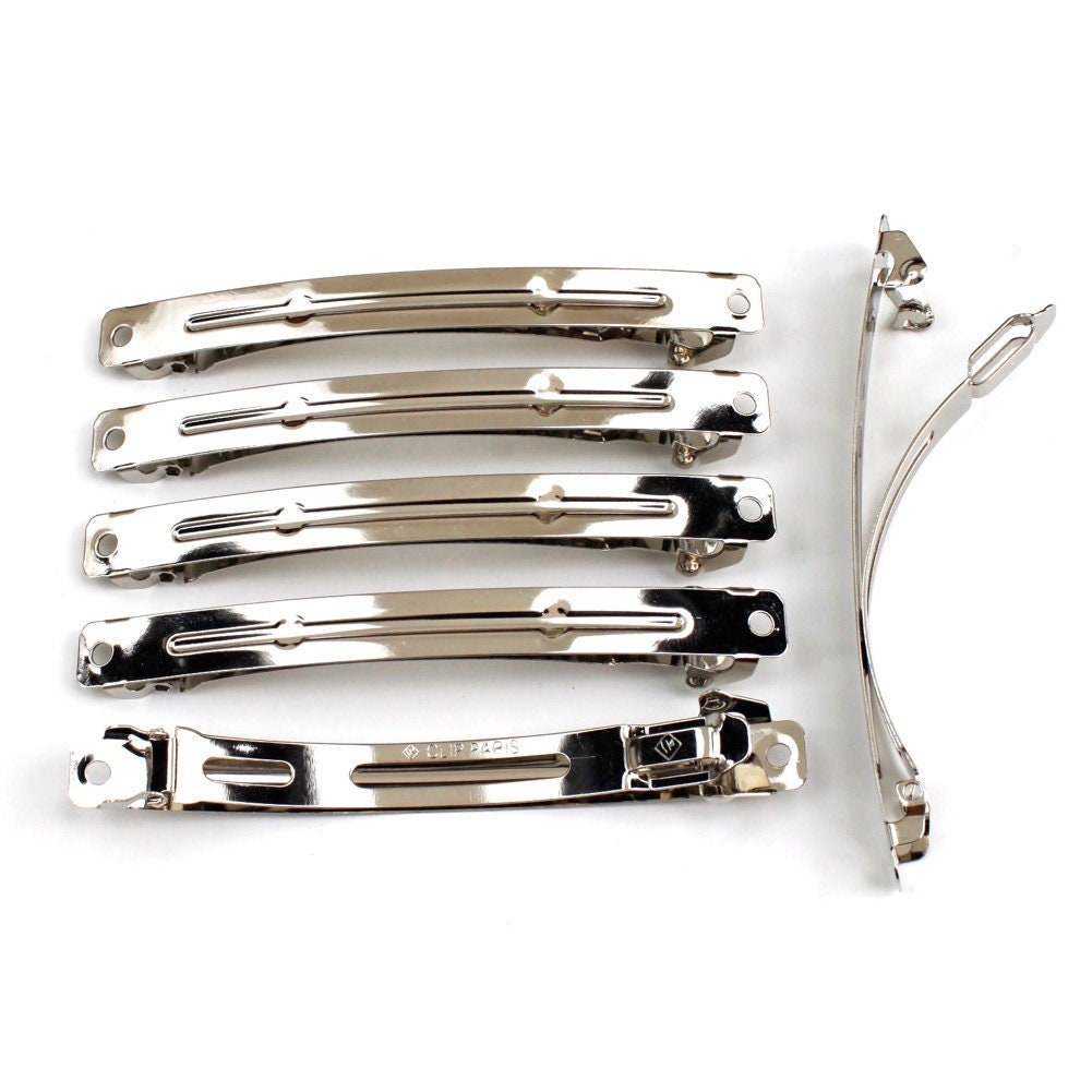 50 grandes barrettes 9cmx0.9cm monture "Clip Paris", argenté ou doré