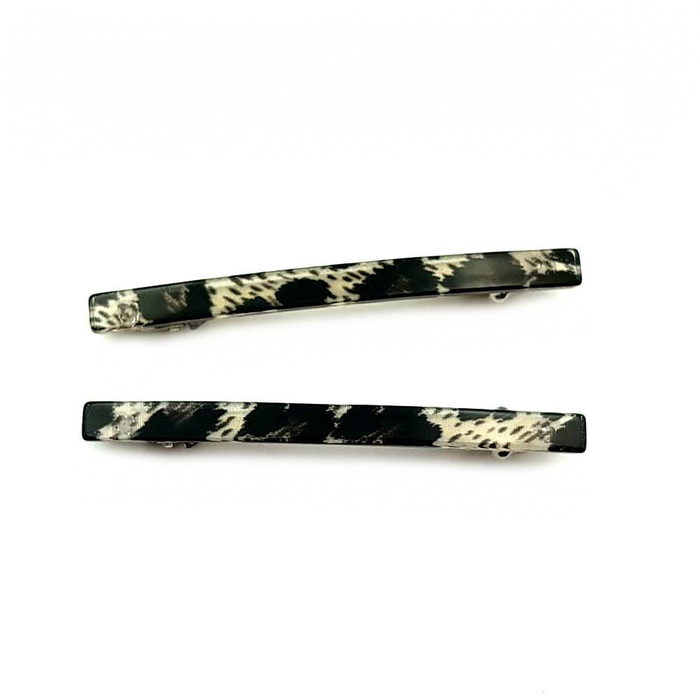 Barrettes cheveux fine fait main 7cm leopard noir, lot de 2