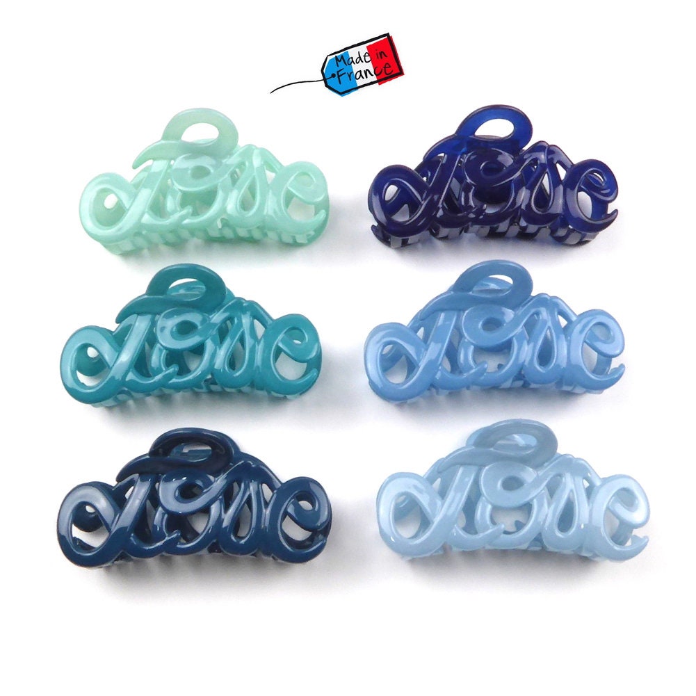 Pince à cheveux "Love" 8,5cm en acétate, bleu, qualité premium, Made in France