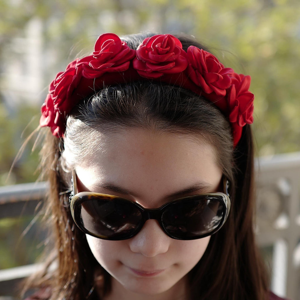 Serre tête velours avec fleur en satin - rouge foncé