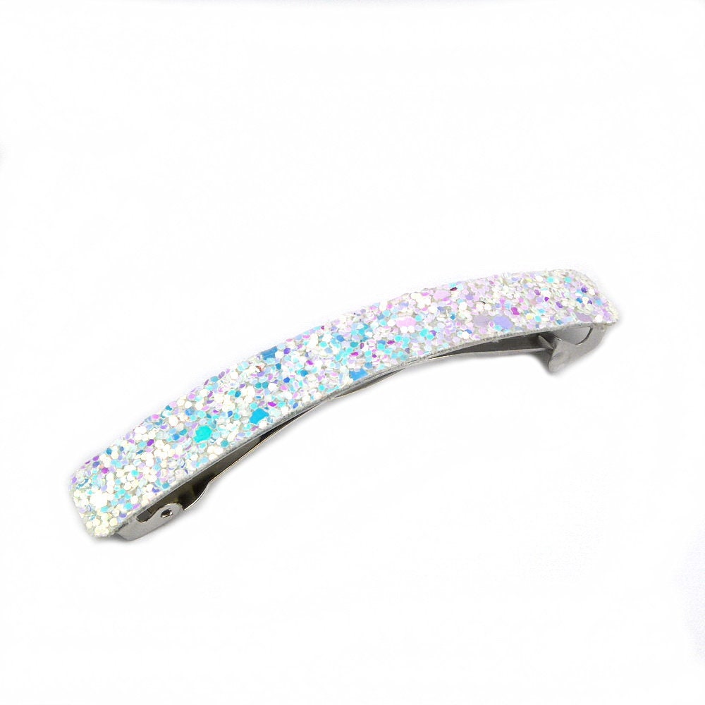 Barrette Cheveux Paillettes Glitter Blanc irisé 8,5cm Métal Incurvée