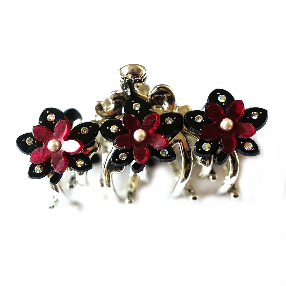 Pince cheveux crabe motif fleur acétate 10cm fait main - argent