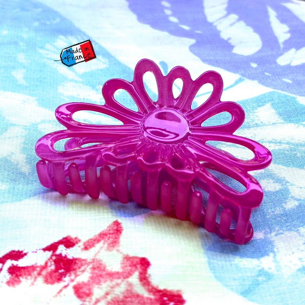 Pince à cheveux fleur acétate Fuchsia – Fait main, Fabrication française 8 cm