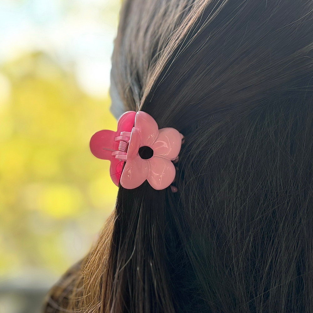 Pince cheveux crabe motif fleur 4.5cm rose