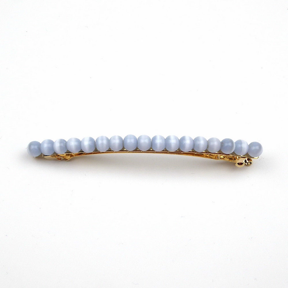 Barrette cheveux fine perles œil de chat 8cm – Éclat chatoyant bleu ciel