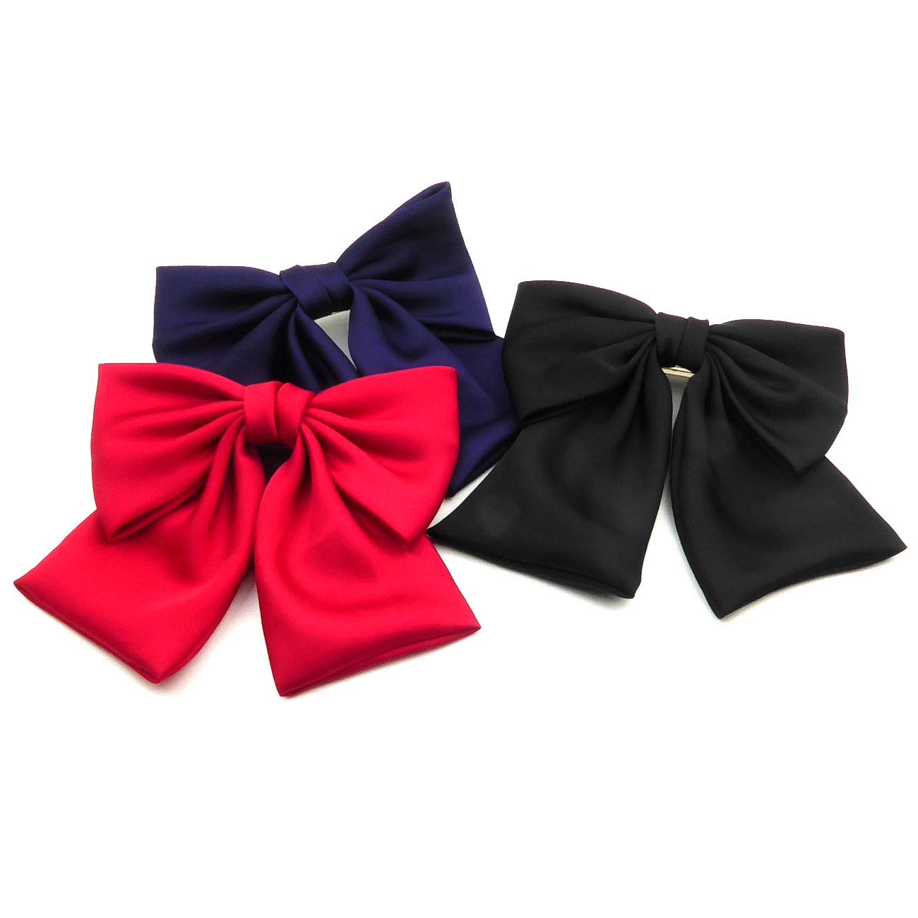 barrette cheveux ornée d'un nœud à pan en satin noir, marine, rouge