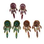 Boucle d'oreille pendante émail strass 6.5cm laiton doré vieilli