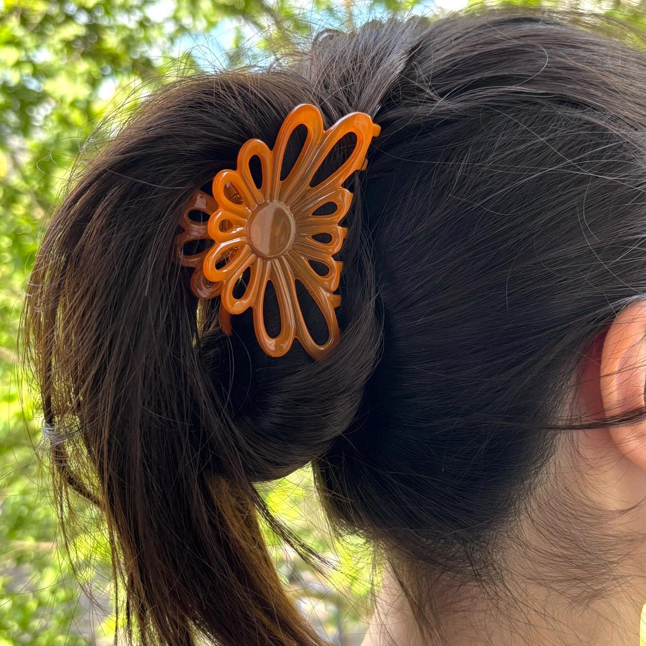 Pince à cheveux fleur acétate Orange – Fait main, Made in France 8 cm