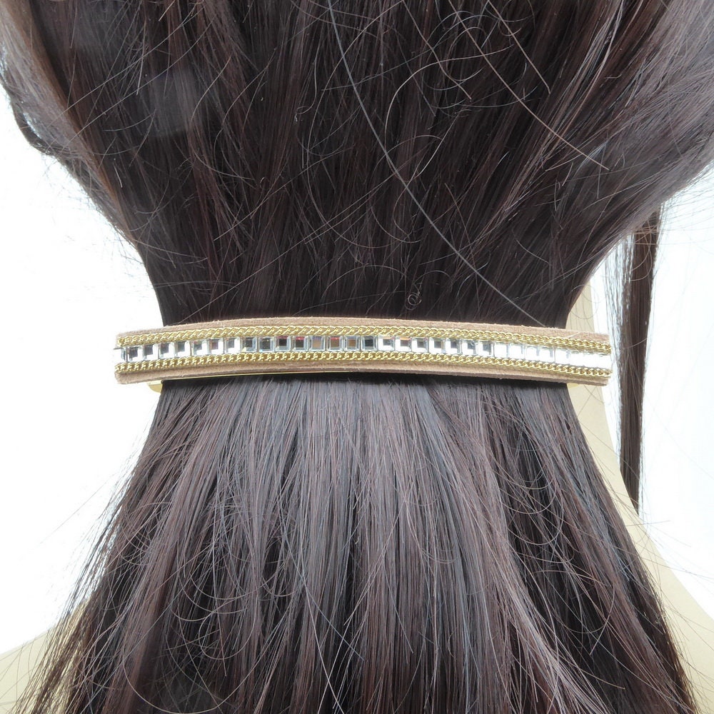 Barrette Cheveux Longue 9.5cm Velours Blanc Chaine Strass