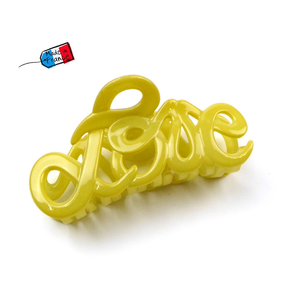Pince à cheveux "Love" 8,5cm en acétate, jaune, qualité, Made in France
