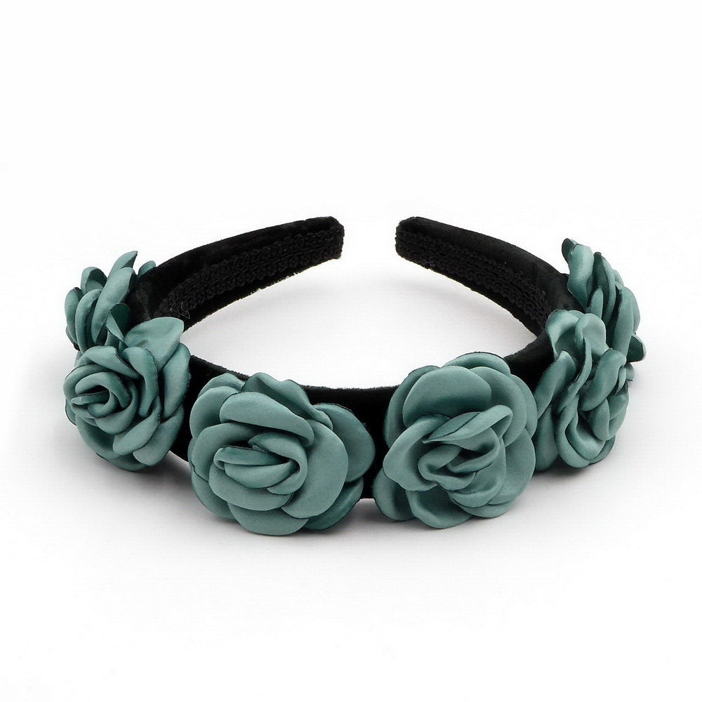 Serre tête velours avec fleur en satin - vert