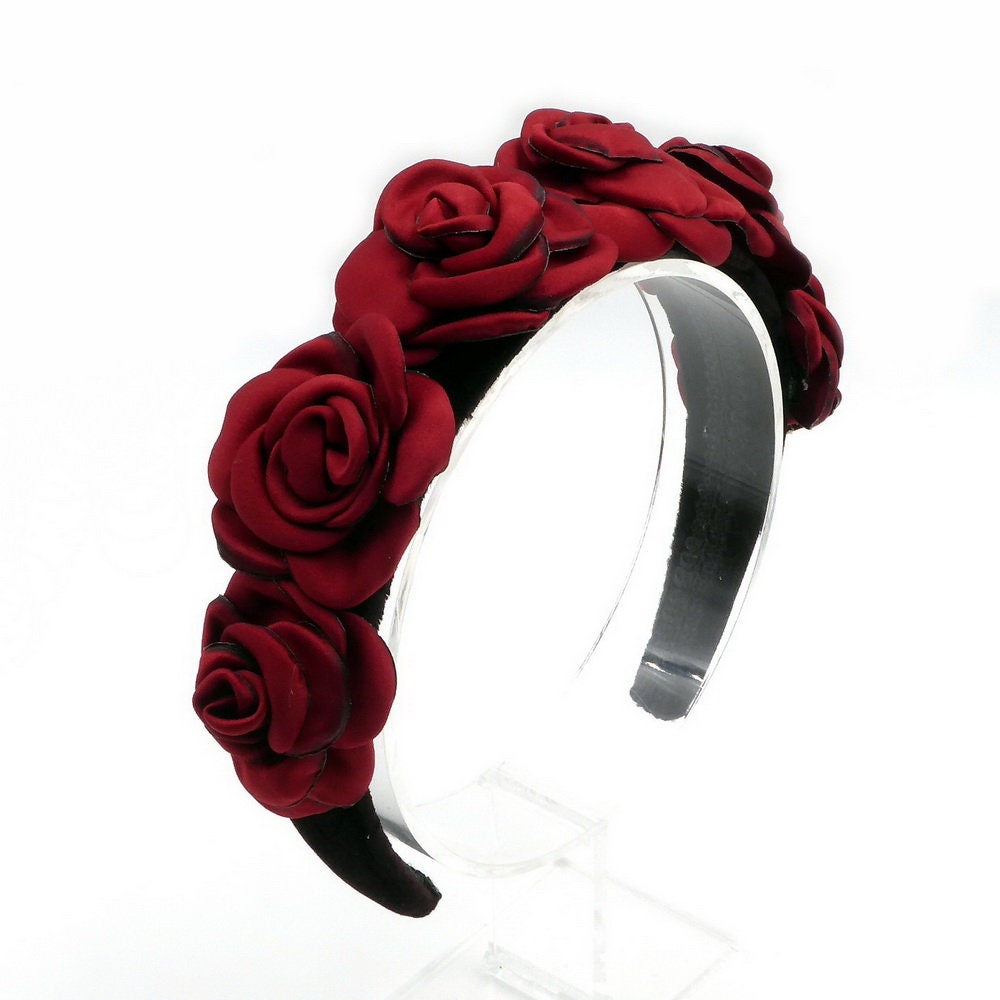 Serre tête velours avec fleur en satin - rouge foncé