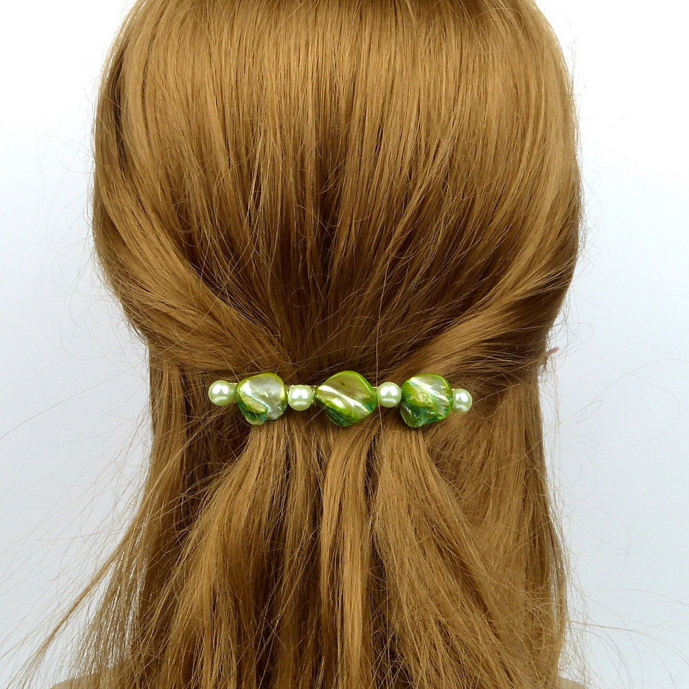 Barrette Cheveux Perles Nacre Coquillage 8cm vert