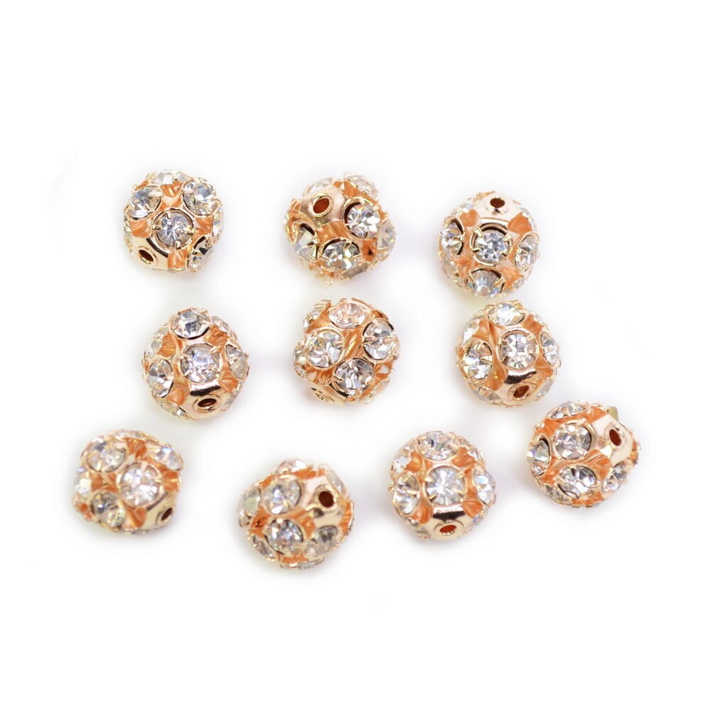 Lot de 10 perles strass rondes 10mm métal doré pour bijoux