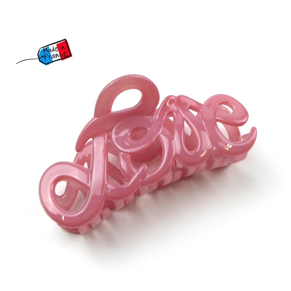 Pince à cheveux "Love" 8,5cm rose acétate, qualité premium, Made in France