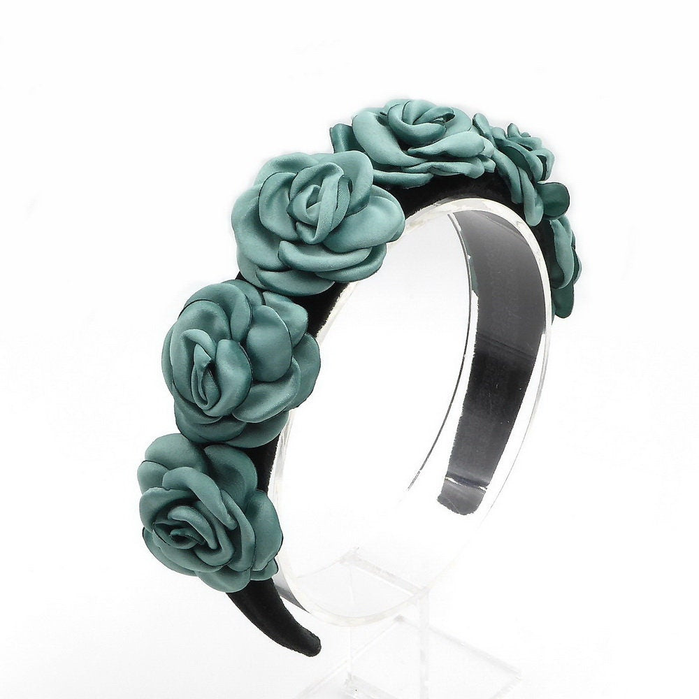 Serre tête velours avec fleur en satin - vert