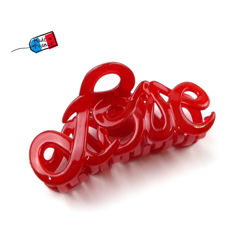 Pince à cheveux "Love" 8,5cm en acétate, rouge, Made in France