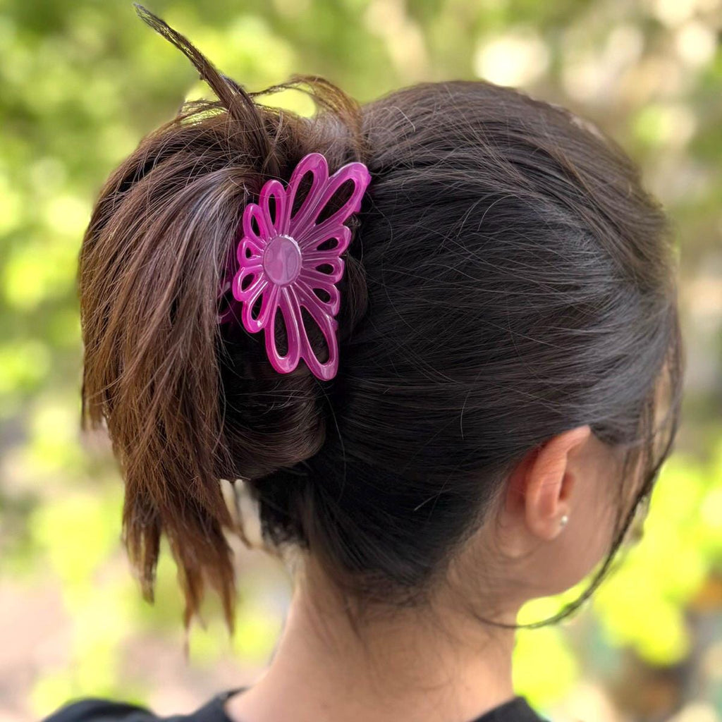Pince à cheveux fleur acétate Fuchsia – Fait main, Made in France 8 cm