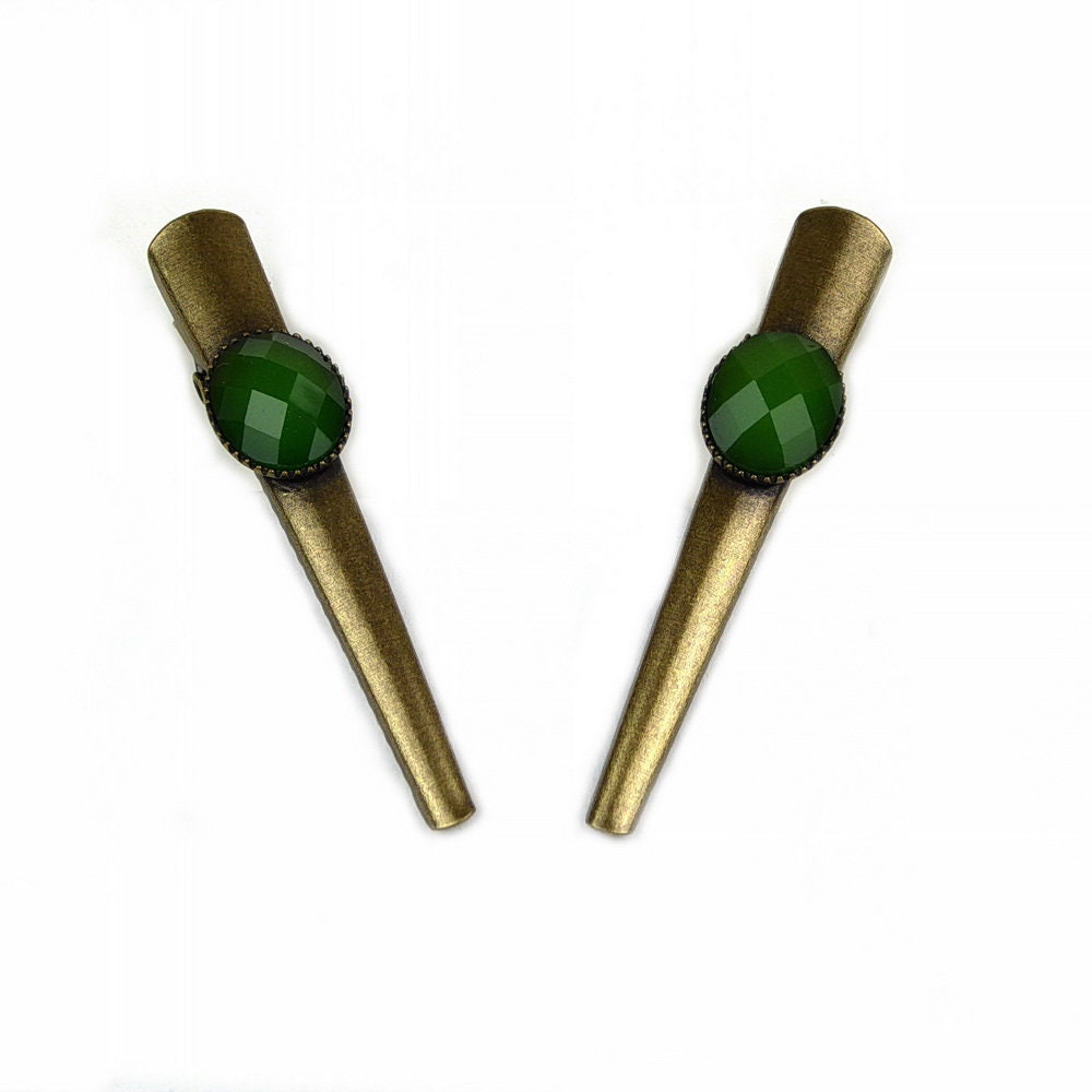 Pinces cheveux crocodile vintage 4,5cm avec perle à facettes vert, lot de 2