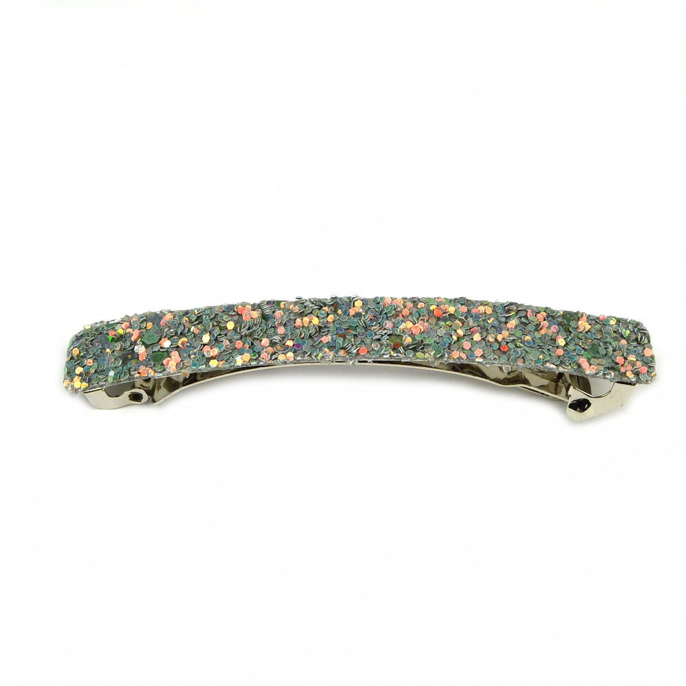 Barrette Cheveux Paillettes Glitter Gris 8,5cm Métal Incurvée