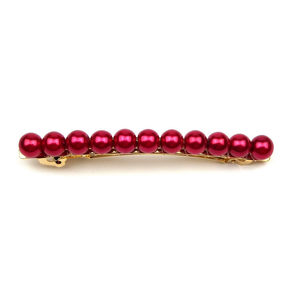 Barrette cheveux 8cm, perles nacrées rouges
