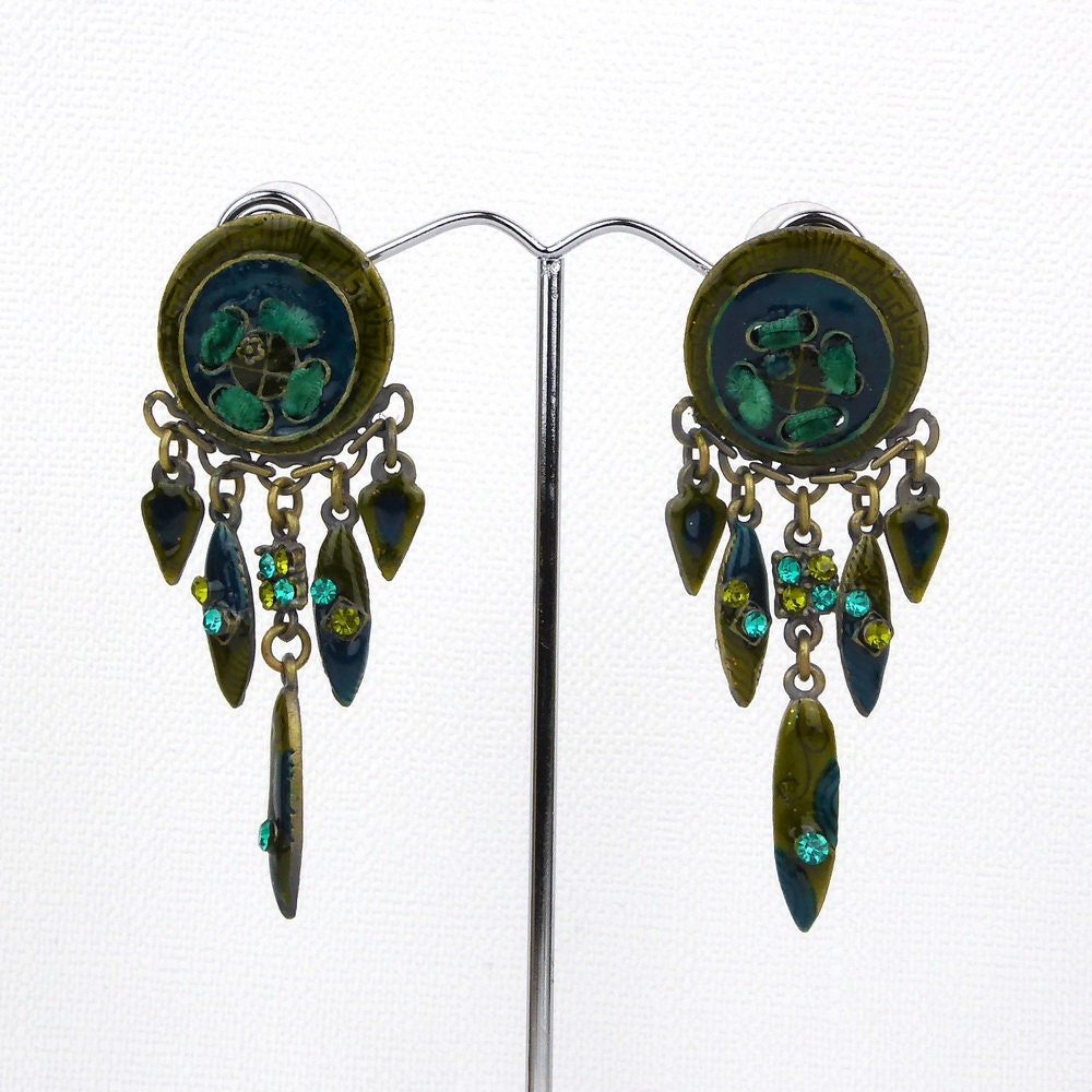 Boucle d'Oreille Pendante Émail Strass 6.5cm - Bijou Doré Vieilli