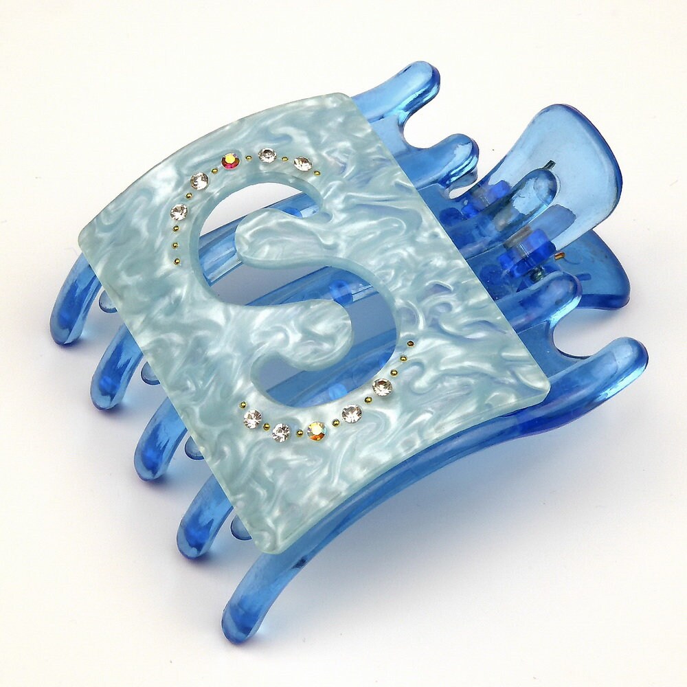 Pince à cheveux plate avec strass – 8 x 6,2 cm bleu