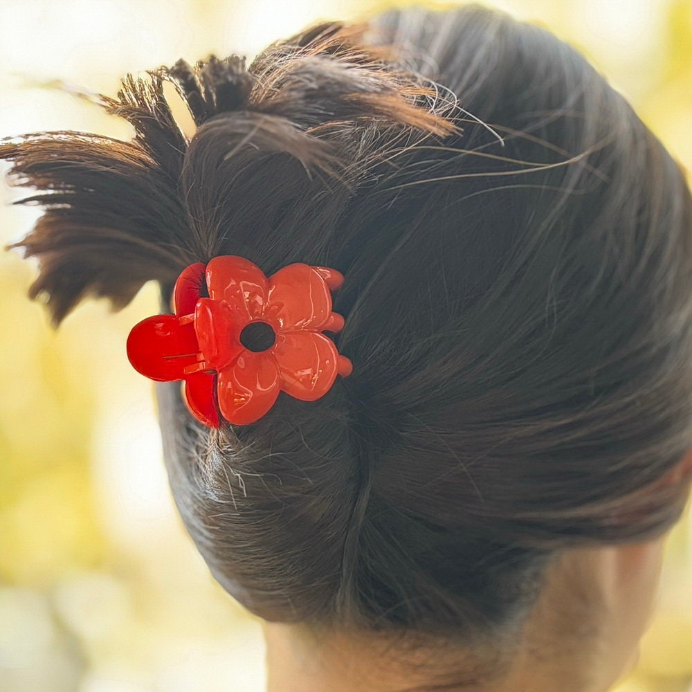 Pince cheveux crabe motif fleur 4.5cm rouge